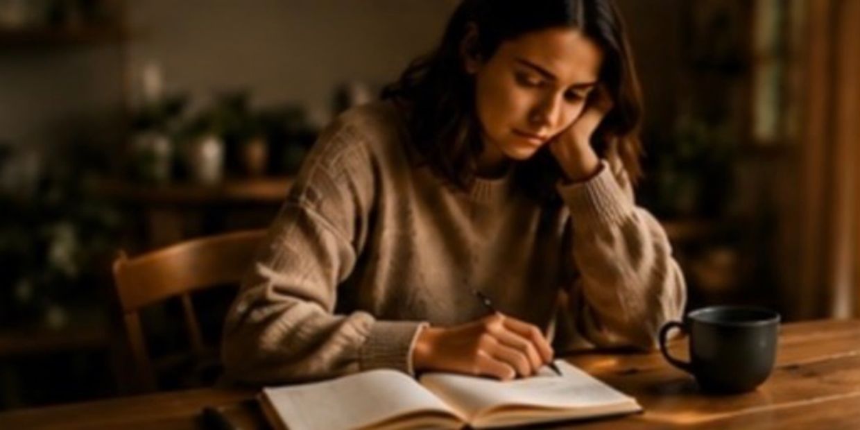 Woman writing in notebook at a wooden table with coffee.