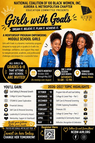 Mentorship program flyer for middle school girls in Aurora, IL.
