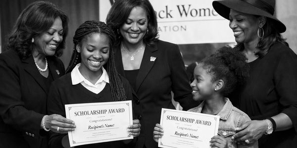Two young girls receive scholarship awards with smiling women at an event.