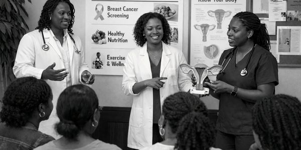 Three healthcare professionals educate women on breast cancer and health.