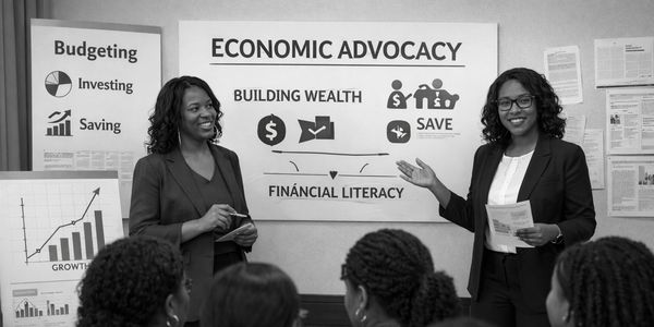 Two women present economic advocacy and financial literacy to an engaged audience.