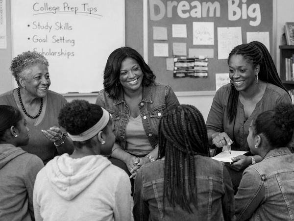 Group discussion on college prep tips with smiling women and students.