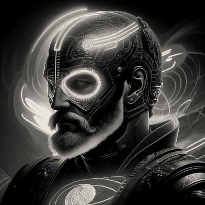 Hombre futurista con casco tecnológico brillante.