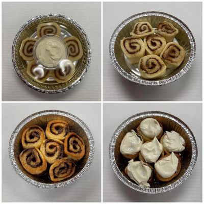Four images of cinnamon rolls with cream cheese frosting in foil cups.