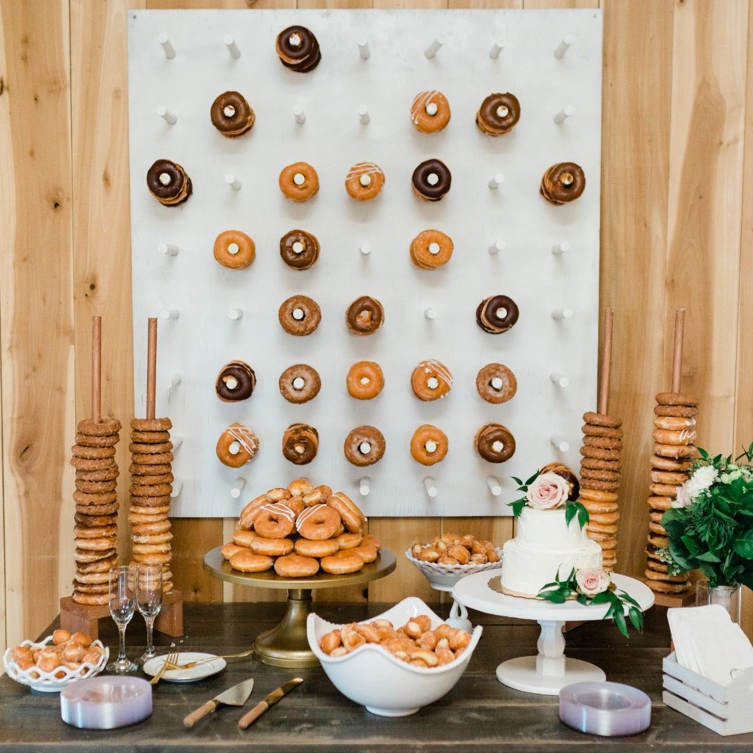 Donut wall wedding dessert display popular at Dallas weddings