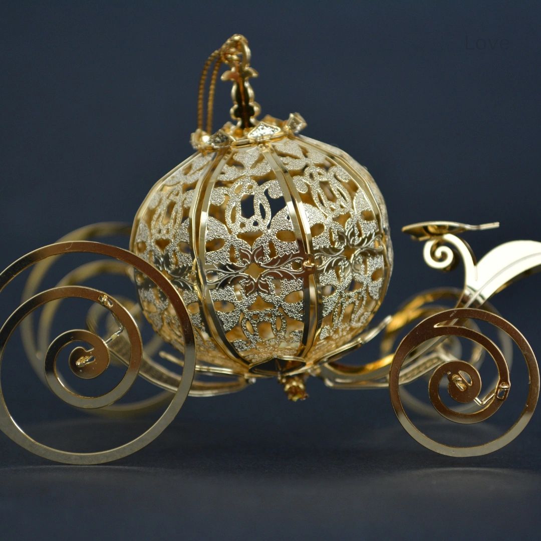 Gold Disney inspired pumpkin carriage ornament. East Texas wedding venue near me.