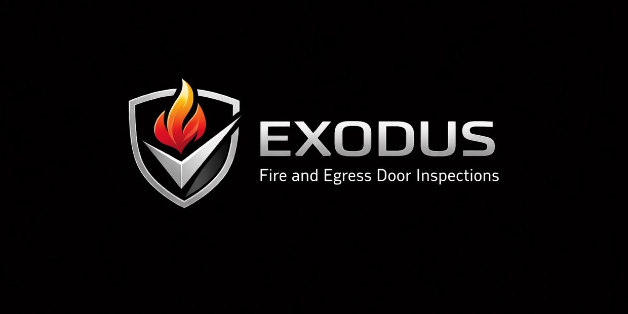 Exodus logo with a flame and checkmark on a shield, symbolizing fire safety inspections.