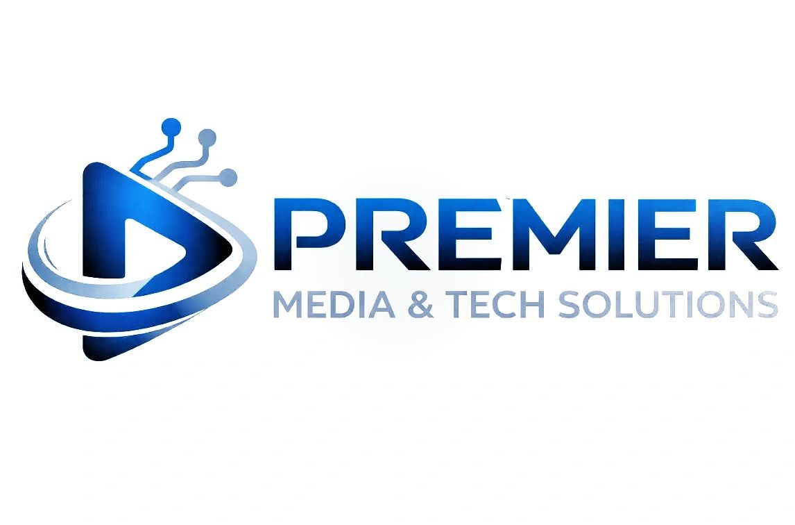 Logo of Premier Media &amp; Tech Solutions with tech-inspired design and blue gradient.