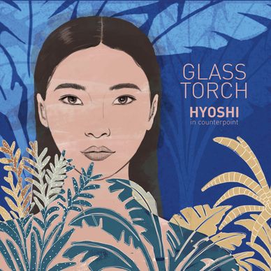 Illustrated portrait of a woman with plants and blue background.