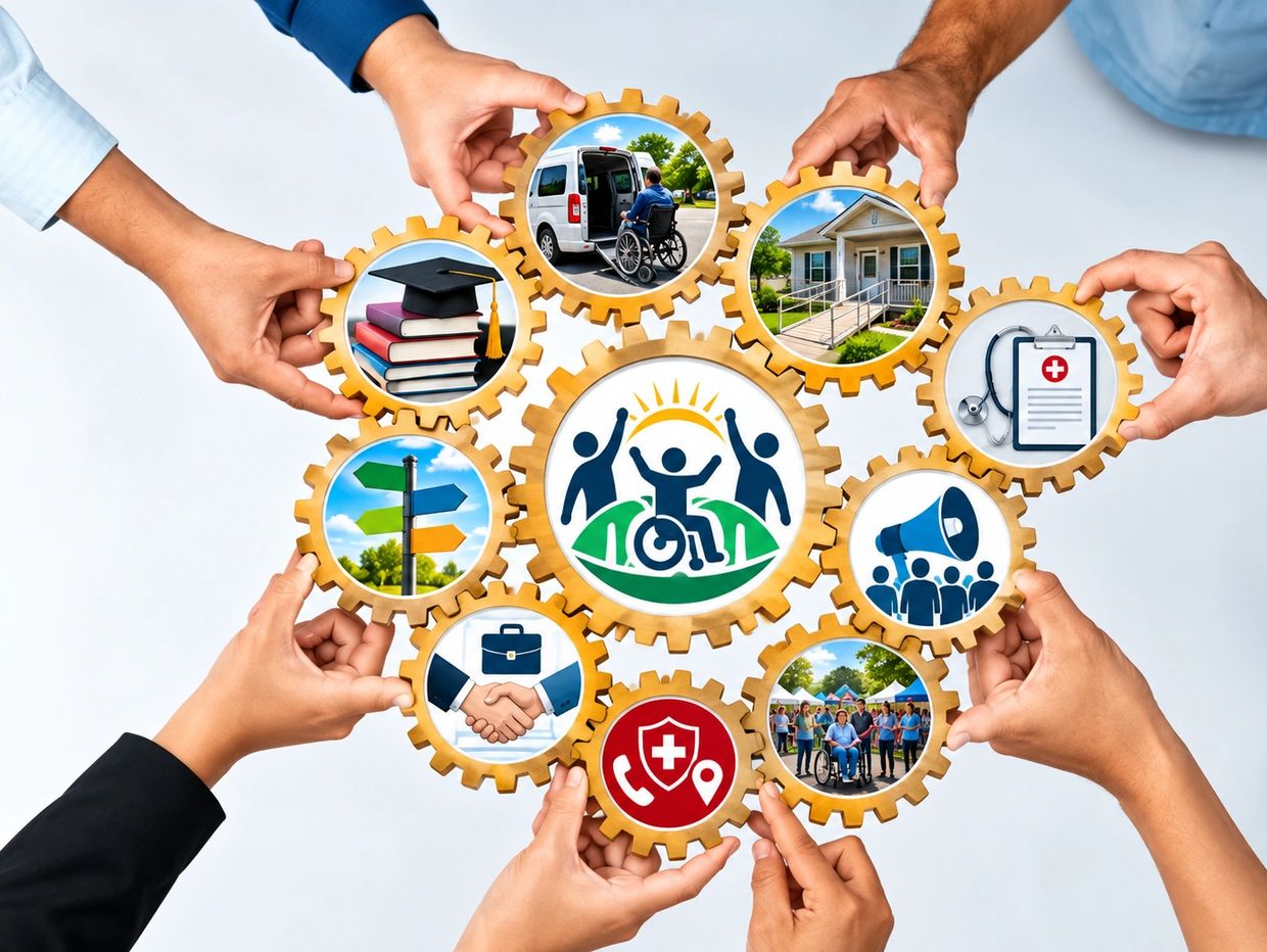 Hands holding gears representing disability support and inclusion.