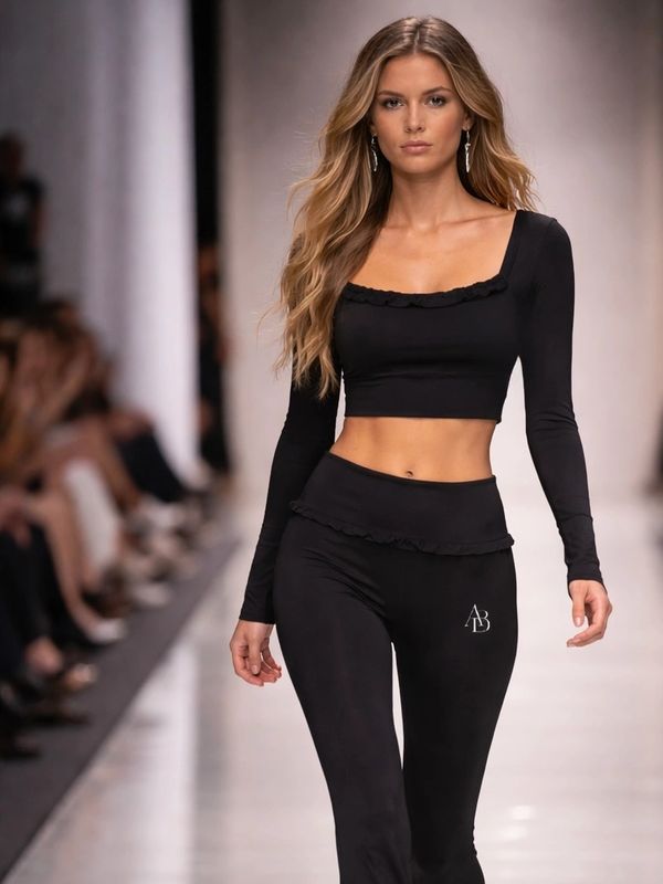 Model walks runway in chic black fitted crop top and flared pants.