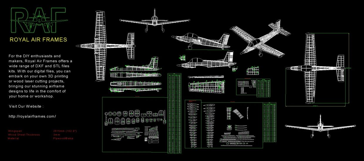 Blueprint-style wireframe designs of an aircraft with project details and website info.
