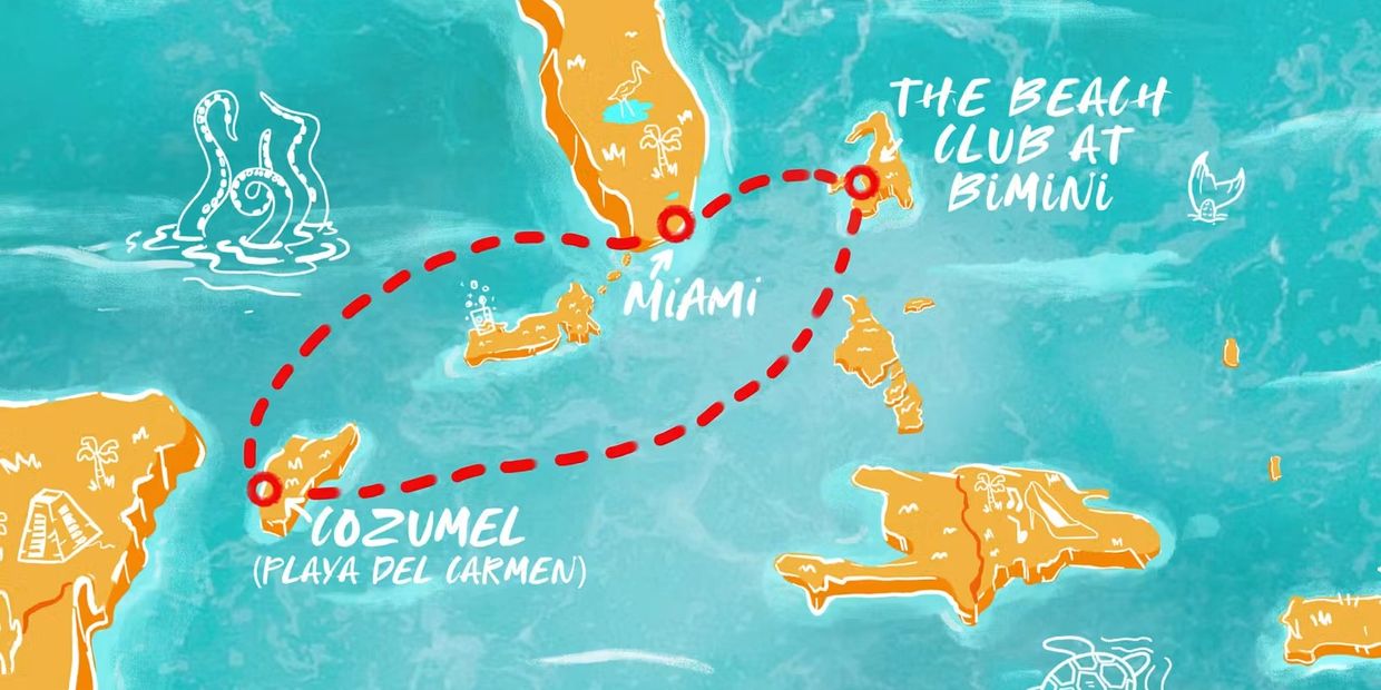 Map showing travel route from Cozumel to Miami to Bimini Beach Club