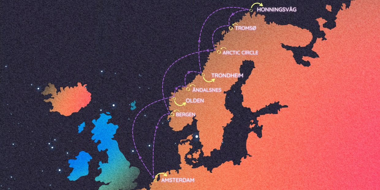 Map showing a cruise route from Amsterdam to Norway.
