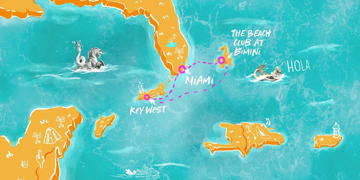 Illustrated map showing Miami, Key West, Bimini, and sea creatures with travel routes.