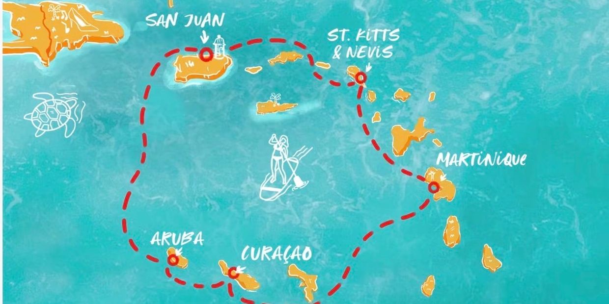 Map showing a travel route through Caribbean islands.