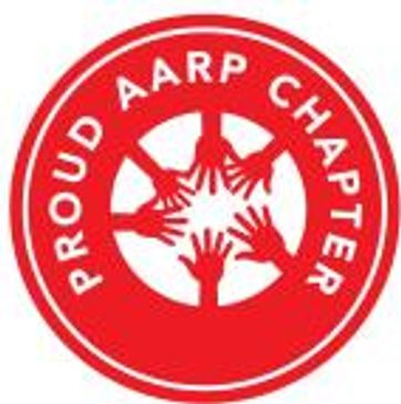 Red circular logo with hands and text Proud AARP Chapter.