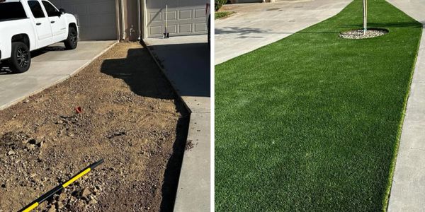 Before and after photos of a driveway transformed with new green artificial turf and a tree.