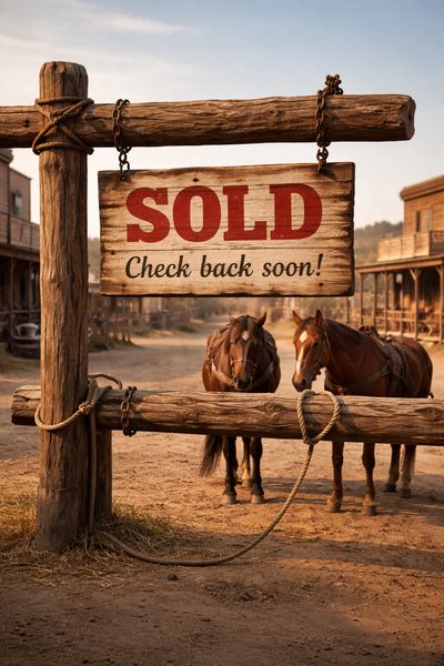 Rustic wooden sign saying 'SOLD' with two saddled horses in a western town.