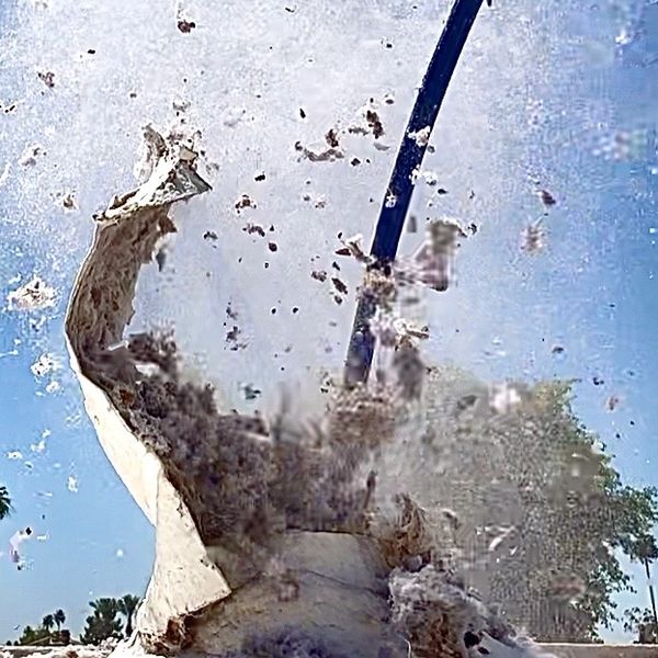 Sand or dust bursting explosively against a clear sky.