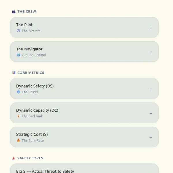 Flight Manual outlining roles, core metrics, and safety types in Neurodynamic Navigator framework.