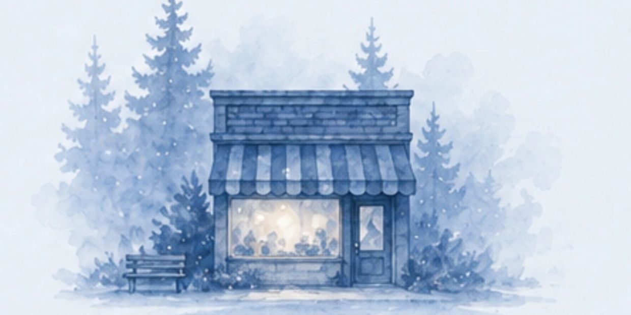 Cozy shop with glowing window set in a snowy forest scene.