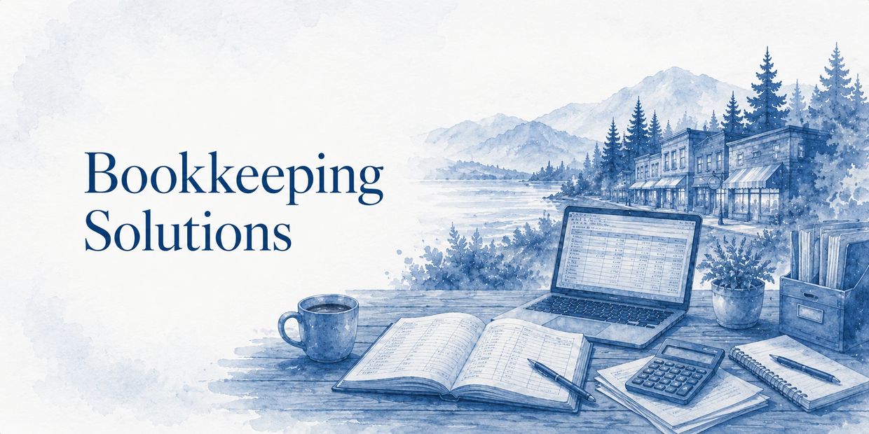 Watercolor image of bookkeeping tools by a lakeside with text 'Bookkeeping Solutions'.