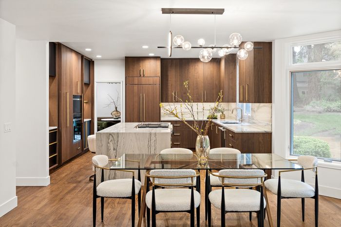 Contemporary kitchen remodel, Jennifer Tennyson Construction, walnut cabinetry & waterfall island.