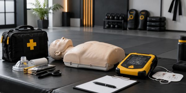 CPR training equipment on a table in a gym.