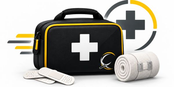 Black and yellow first aid kit with bandages and a rolled bandage.