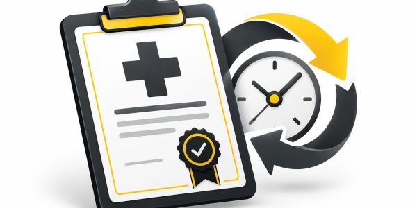 Medical document with a clock and circular arrows.