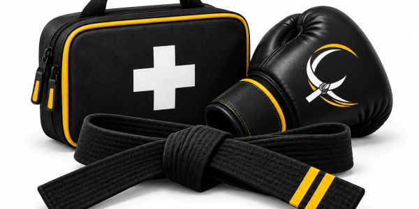 Black martial arts belt, gloves, and first aid kit.