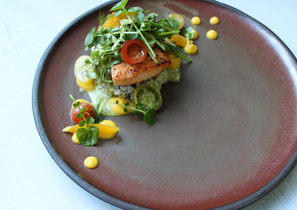 Seared Salmon, Barley Risotto, Squash, Watercress