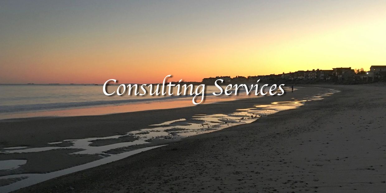 Sunset beach with "Consulting Services" text overlay.