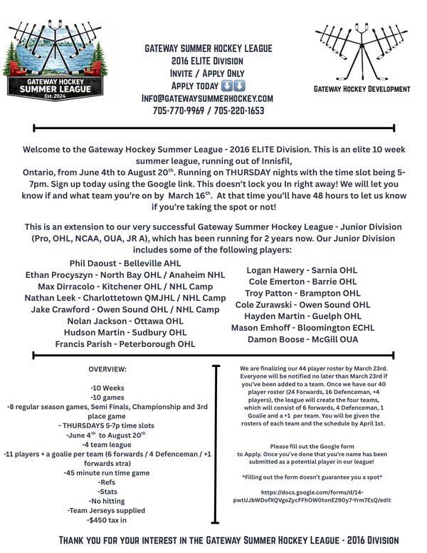 Flyer for Gateway Hockey Summer League 2016 Elite Division with details on registration and player info.
