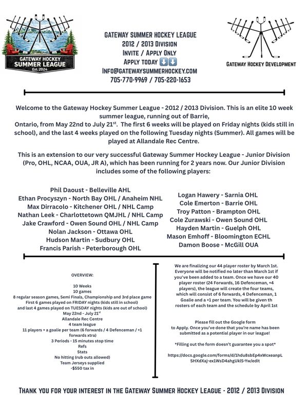 Flyer for Gateway Summer Hockey League 2012/2013 with details on league structure and player application.