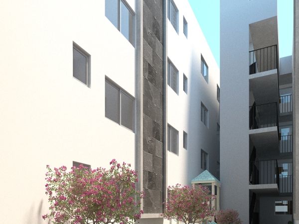 Modern apartment courtyard with pink flowering bushes and balcony views.