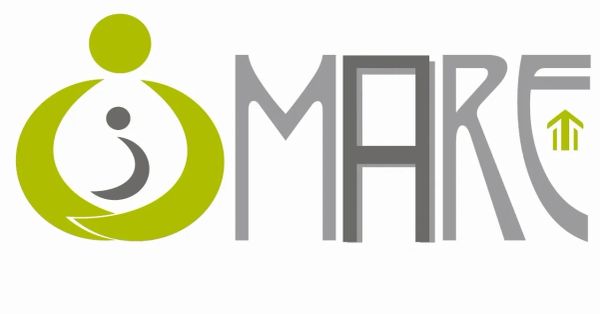 Logo with stylized text 'MARE' and an abstract human figure in green and gray.