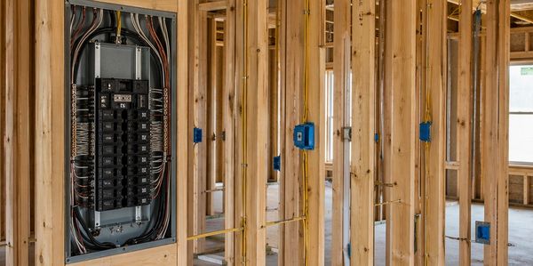 Electrical panel and wiring inside wooden framework of a house under construction.