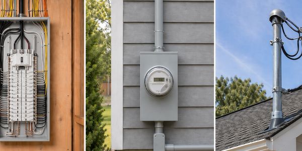 Three images showing an electrical panel, a utility meter, and a service mast on a house.