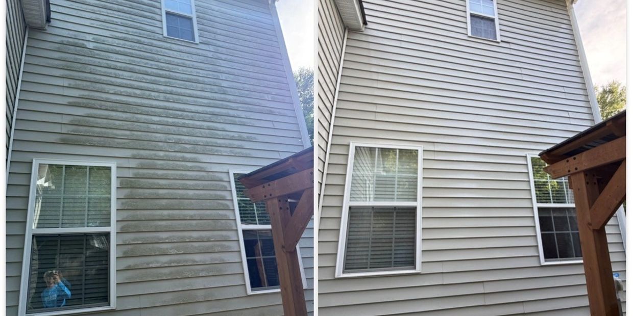 House siding before and after cleaning.