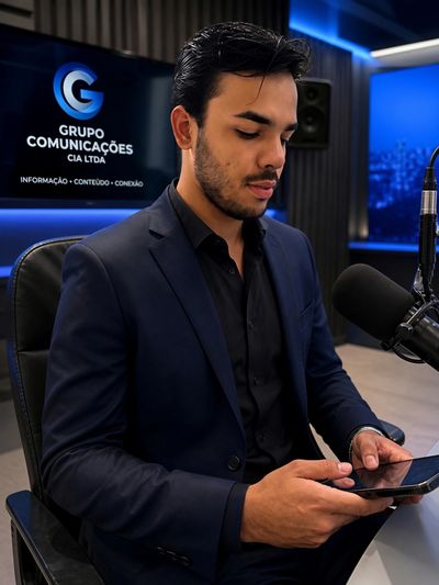 Man in a suit using a smartphone in a radio studio.