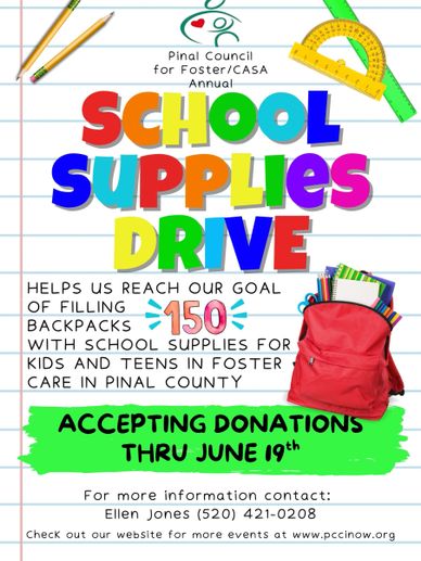 Colorful flyer for a school supplies drive accepting donations until June 19th.