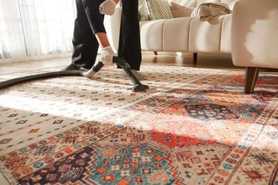 Person vacuuming a colorful rug near a sofa.