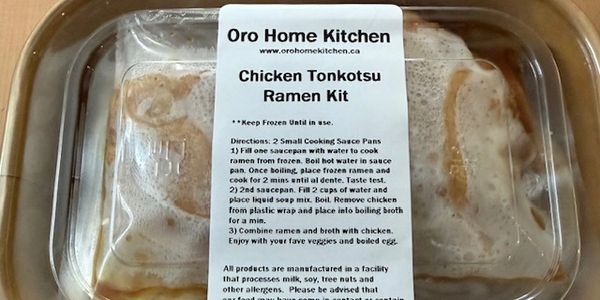 Packaged Chicken Tonkotsu Ramen Kit with cooking instructions from Oro Home Kitchen.