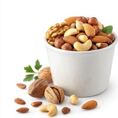 A cup filled with mixed nuts.