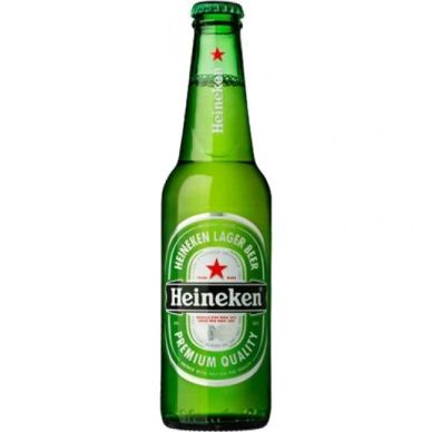 A green Heineken beer bottle.