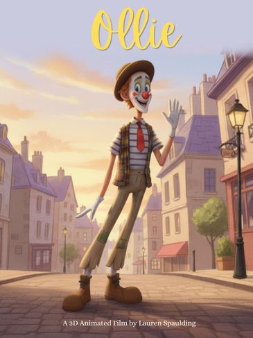 Animated clown character Ollie waving in a charming town setting.