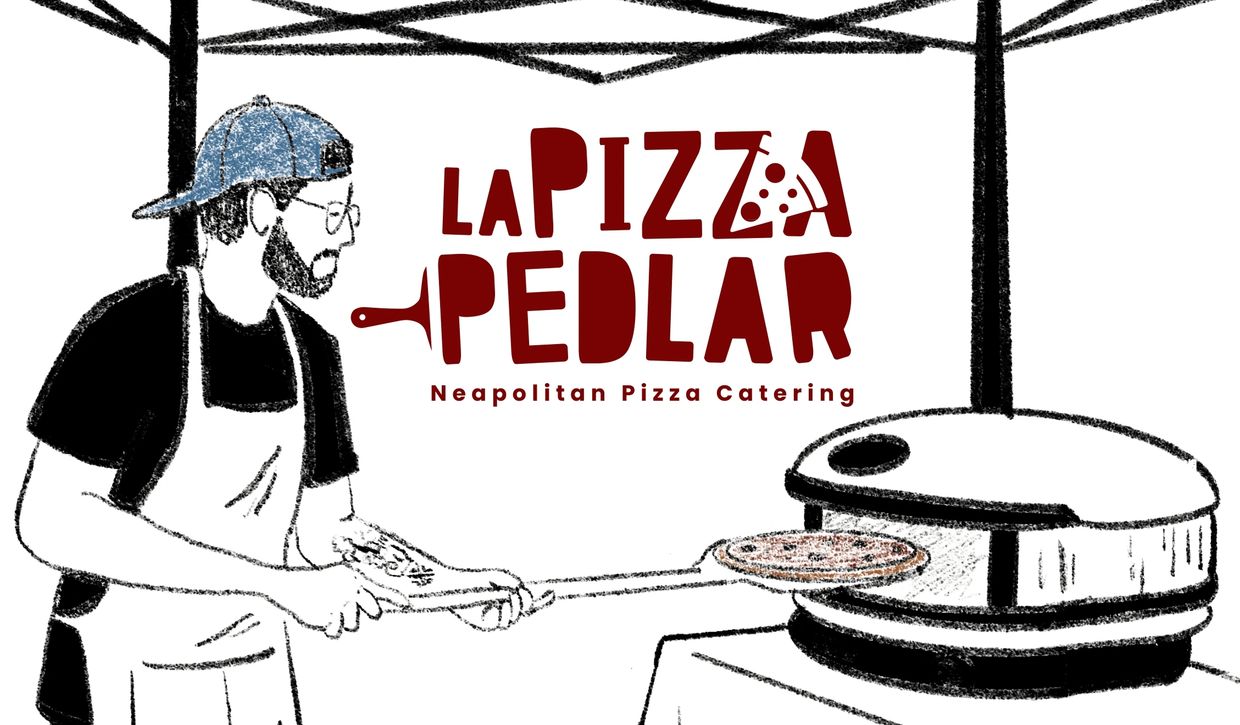 Illustration of a pizza maker baking Neapolitan pizza with logo text.
