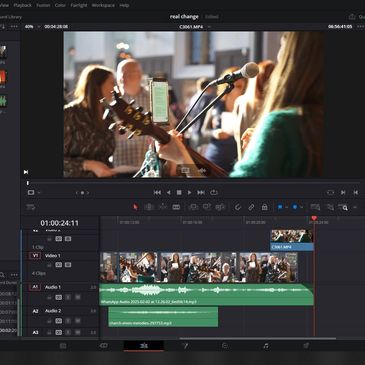 Video editing interface of DaVinci Resolve showing a music performance clip.
